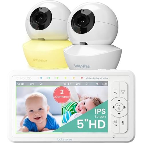 Babysense 5" HD Split-Screen Baby Monitor, Video Baby Monitor with 2 Cameras and Audio, Night Light, 1000ft Range, Two-Way Audio, 4X Zoom, Night Vision, 4000mAh Battery