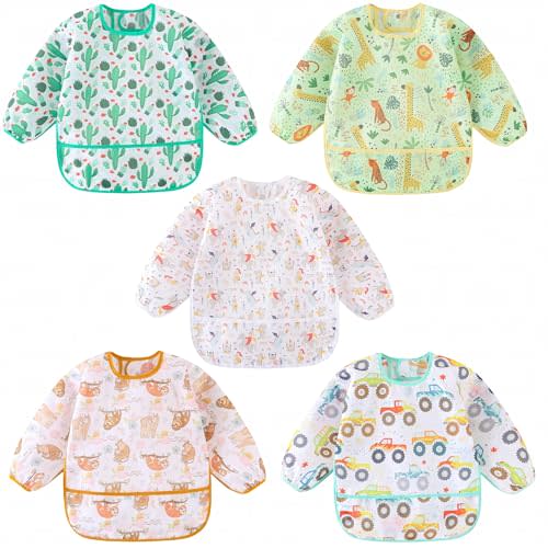 Long Sleeved Bibs, Pack of 5,Lightweight Waterproof Shirt Bibs for Baby Toddler 6-30 Months