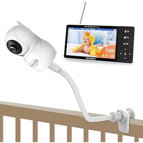 HelloBaby 720P Mountable Baby Monitor with Camera and Audio No WiFi, 5.5'' HD Easy Set Up Video Baby Monitor, Remote Pan Tilt Zoom, Night Light, 4000mAh Battery, 1000ft, 2-Way Audio 1080P Camera