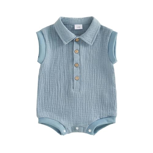 Honganda Newborn Baby Boy Cotton Linen Romper Short Sleeve Lapel Collar Button Down Jumpsuit Summer Solid One Piece Outfit