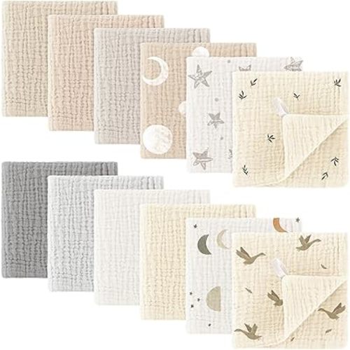 Bearmoss Muslin Baby Washcloths 100% Cotton Baby Bath Wash Cloth Large Ultra-Absorbent Burp Cloth Soft Baby Face Towel for Newborn Baby Boy and Girl, 10x10inch 12Pack (Goose)