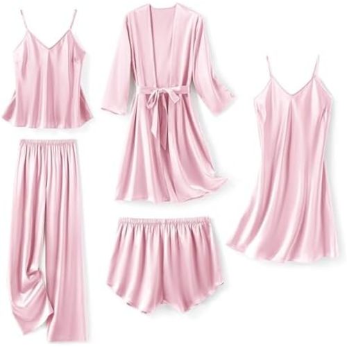 SAPJON Silk Satin 5 Piece Pajamas for Women Set, Robe Nightgown Cami Pjs