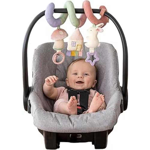 Itzy Ritzy Spiral Car Seat & Stroller Activity Toy - Stroller & Car Seat Toys for Ages 0 Months and Up - Hanging Toys Include Dangling Ring, Mirror and Textured Ribbons (Pastel Rainbow)