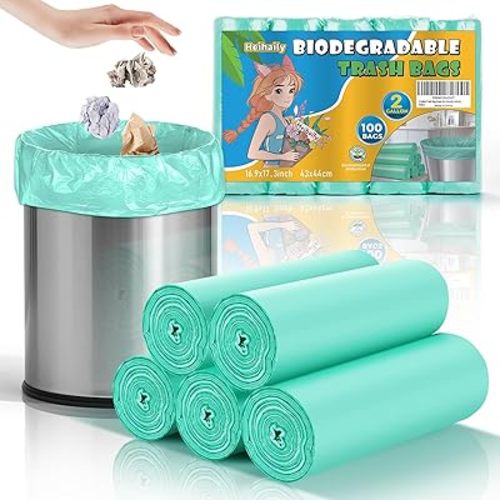 2 Gallon Mini Green Trash Bag - Small Garbage Bags For Bathroom Can 100 Count 7.5 Liter Unscented Compostable Biodegradable Tiny Little Waste Basket Liners Kitchen Car Office Strong Thick Heihaily