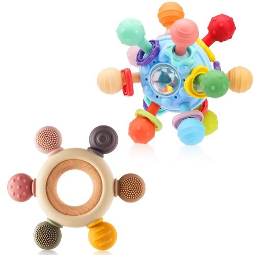 2Pack Baby Teething Toys for 0-6 6-12 Months, BPA-Free Chew Toys for Teething Pain Relief, Infant Sensory Rattles Toys, Gifts for Newborn Boys Girls 0 3 6 9 12 18 Months