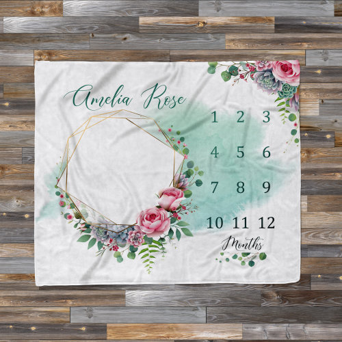 Rose and Succulent Milestone Blanket, Baby Month Blanket, Baby Girl Milestone, Track Growth Keepsake, Baby Shower Gift Blanket
