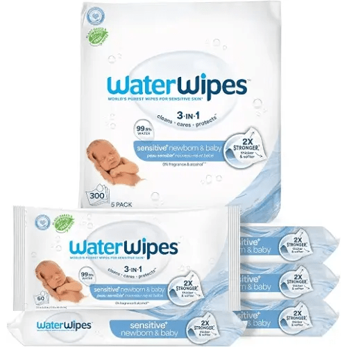 WaterWipes Sensitive+ Newborn & Baby Wipes, 3-In-1 Cleans, Cares, Protects, 99.9% Water, Unscented & Hypoallergenic, 300 Count (5 Packs)