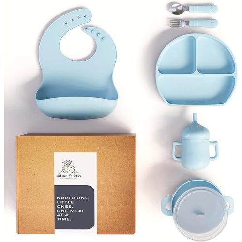 mimi & kiki BPA-Free Silicone Baby Feeding Set, Baby Plates and Bowls Set, Baby Led Weaning Supplies, Silicone Suction Plate, Baby Utensils, Bib and Cup, Self Feeding, Dishwasher Safe (Light Blue)