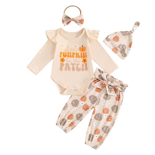 Lamuusaa Newborn Infant Baby Girl Halloween Outfit Long Sleeve Romper Pumpkin Long Pants Headband Hat 4Pcs Fall Clothes