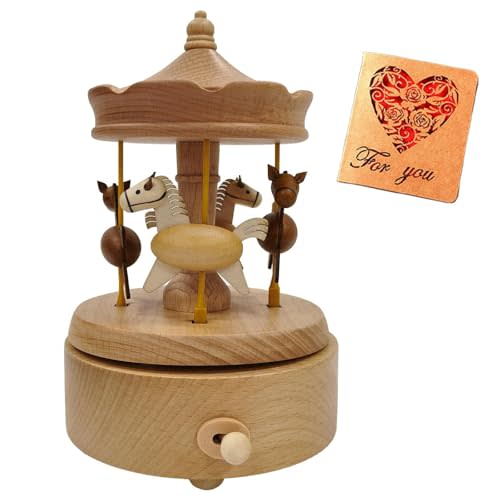 Briskfeel Wooden Carousel Music Box with Moving & Elevating Horses, Rotating Wind-Up Decor, Collectible Mechanical Musical Box, Timeless Gift