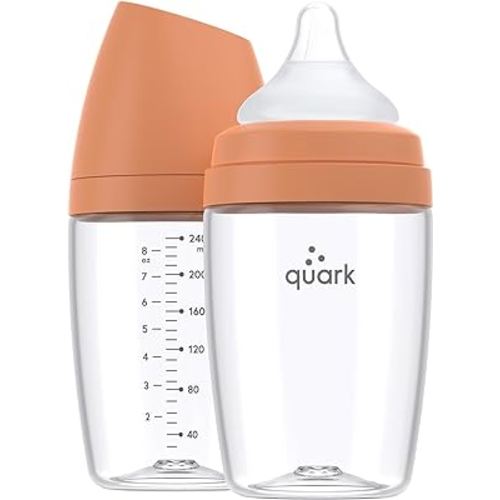 BuubiBottle Max Slow Flow Bottle for Newborn Babies by Quark - with Anti-Colic RealFeel Nipple to Simulate Breastfeeding - BPA-Free, PVC-Free, Toxin-Free - 8 Oz Bottle with Lid, 2 Pack - Orange