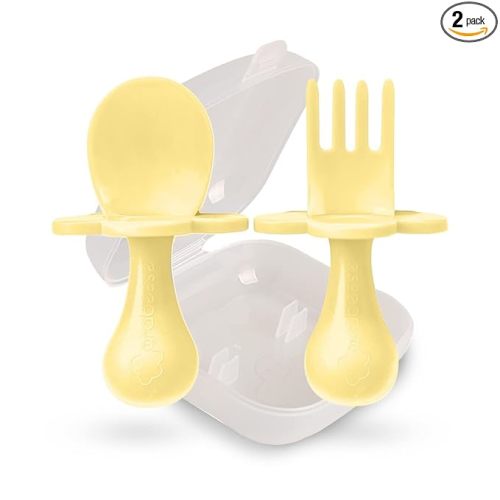 Grabease Baby Feeding Utensils Set - Infant and Baby Fork and Spoon for Ages 1-11 Months, BPAs and Phthalate-Free Cutlery, Plastic, 1 Set, Yellow