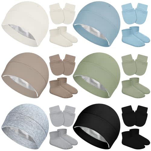 Bonuci 6 Set Satin Lined Newborn Socks Hat and Mittens Baby Socks and Mittens Sets Silk Satin Lined Beanie Toddler Hat Non Slip Sock for Infant Boys and Girls 0-6 Months