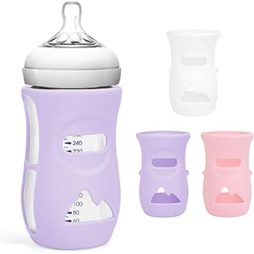Silicone Sleeves for Avent Natural Glass Baby Bottles, BPA Free, Anti Breakage Baby Bottle Holder (Purple + White + Pink, 8 Ounce)
