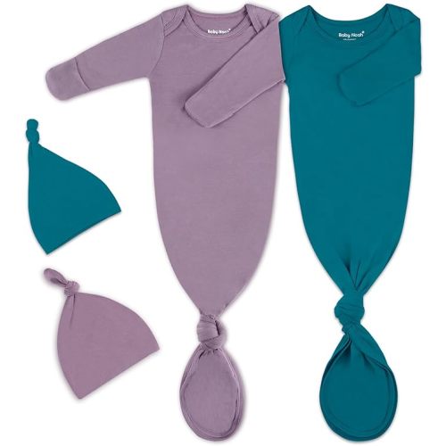 2Pack Knotted Gown Baby, Super Soft Long Sleeve Newborn Hospital Outfit Boy Girl Coming Home, Built-In Mittens Clothes