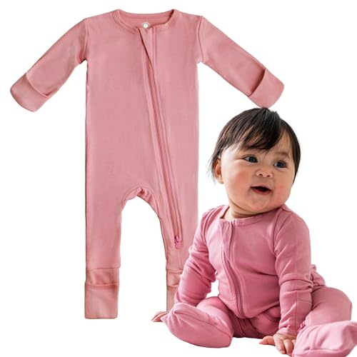 Dreamland Baby Bamboo Viscose Baby Pajamas (0-9 months). Ultra Soft Viscose Sleepers with 2-Way Zipper, Mitten & Foot Cuffs