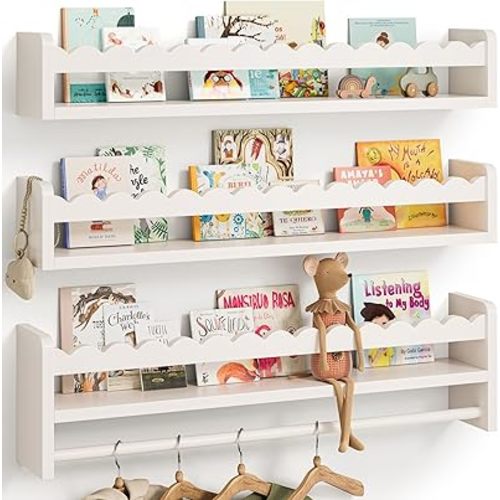 Nursery Book Shelves, Scalloped Shelves, Floating Book Shelves for Wall, Nursery Deocr for Baby, Toddler (White, 23 Inches)