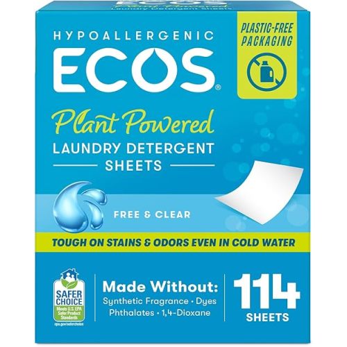 ECOS Laundry Detergent Sheets Vegan, No Plastic Jug, No Mess & Liquid Free - Hypoallergenic, Plant Powered Laundry Detergent Sheet – Free and Clear - 114 Count (Pack of 1)
