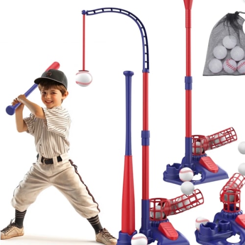 JoyStone 3-in-1 T Ball Set for Kids, 2.5-3.9ft Height Adjustable Tee Ball Stand, Hanging Tee, Pitching Machine, Tball Bat with 6 Balls, Indoor/Outdoor Sport Gifts for Boys & Girls