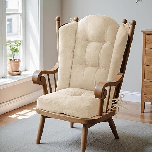 Wingback Rocking Chair Cushion - 17"x17" Seat & 26.7"x 22" Back, for Adirondack Chair, Glider & Indoor Rockers Cushions, High-Density Sponge, Comfort Chenille with Ties (Ivory, 2-Piece)