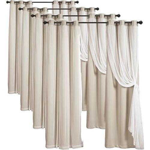 Lush Decor Sheer Grommet Curtains with Insulated Blackout Lining, Window Curtain Panels, Pair, 38" W x 84" L, Wheat - Curtain with Sheer Overlay, Elegant Blackout Curtains for Bedroom (Pack of 4)