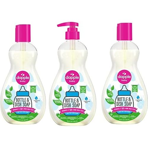 Dapple Baby Fragrance Free Bottle & Dish Soap - (3 Pack) 16.9 fl oz - Cleans Baby Bottles, Sippy Cups, Pacifiers, Breast Pumps, & More - Gently Removes Milk Film & Odors - Includes 1 Pump