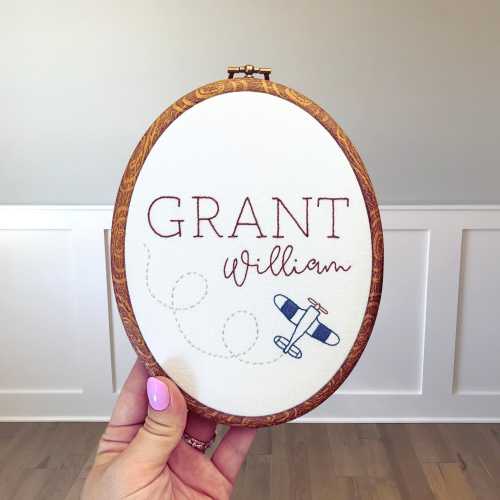 Hand Embroidered Baby Name Sign: Airplane Birth Announcement, Nursery Decor