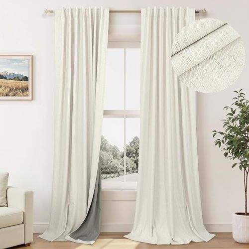 100% Blackout Curtains 84 Inch Length 2 Panels Set Neutral Boho Linen Farmhouse for Bedroom Windows Living Room Darkening Thermal Insulated Drapes Natural Cream Ivory 7ft Long Back Tab Pleated Pocket