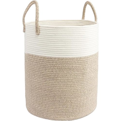 Woven Cotton Rope Laundry basket-15”X20” Laundry Hamper-Rope Storage Basket for Dirty Clothes, Toys and Blankets Perfect for Bathroom, Baby nursery and Living Room Storage (white and brown)