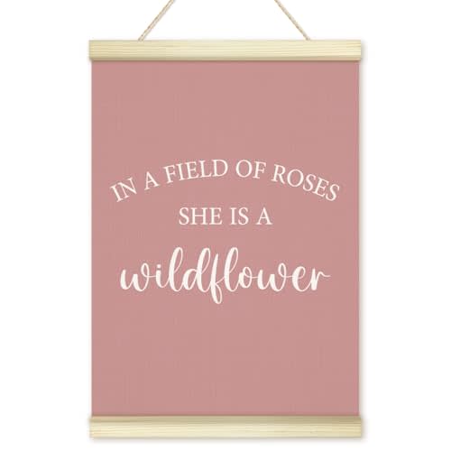 LWBEO In A Field Of Roses She Is A Wildflower Poster Hanger Frame, Girl Nursery Wildflower Wooden Canvas Art Print, Pink Positive Wall Art for Toddler Baby Girls Room Bedroom Playroom 12x16in -03