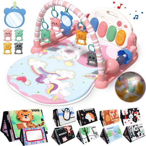 LINXUXIE 2 in 1 Baby Gym Playmat with Music and Lights, Infant Tummy Time Mat with 5 Sensory Montessori Toys & Tummy Time Mirror Toys, Newborn Gifts for 0-3 6-12 Month