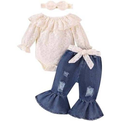 FOCUTEBB Baby Girl Clothes Lace Off Shoulder Romper Flare Jeans Pants Headband and Belt 4pcs Outfit 3-24 Months