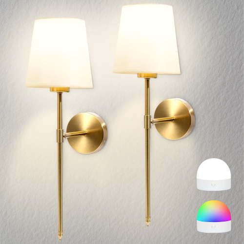 Sanmadrola 2 Pack Battery Operated Wall Sconce, RGB Color Changing Wireless Wall Lights, 5200mAh Rechargeable, Remote Control, 12 Colors & 3 Lighting Modes for Bedroom, Bar, Stairs, Gold