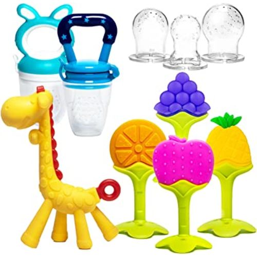 HONGTEYA Teething Toys for Babies 0-6 Months 6-12 Months 6 Pack- 4 Teethers for Babies Baby 2 Fruit Feeders for Newborn Infants BPA Free Natural Organic Freezer Silicone Baby Teethers Set