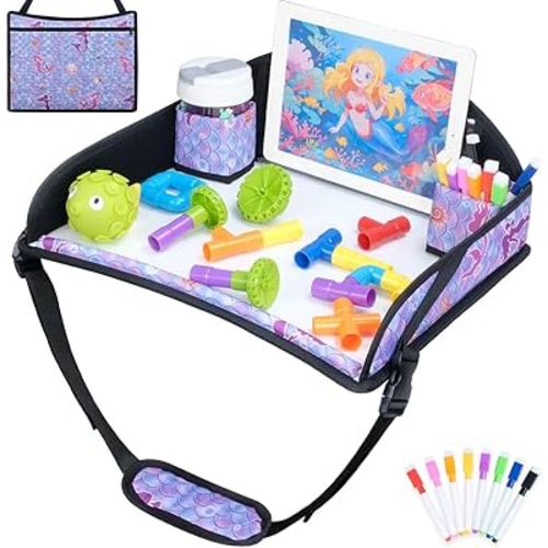 COOLBEBE Kids Travel Tray for Toddler Car Seat, Travel Tray for Airplane, Toddler Car Seat Lap Tray, Carseat Table Tray for Kids Travel Activities (Mermaid