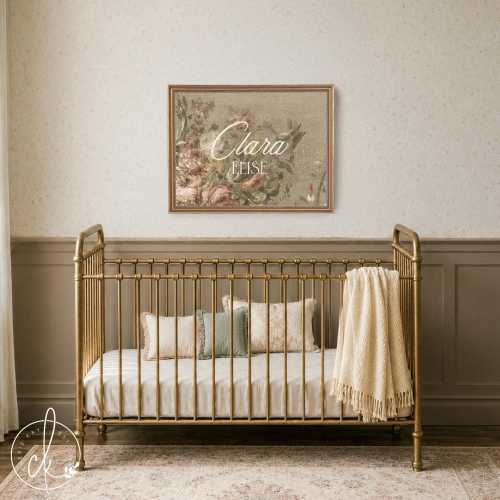Victorian Nursery Name Sign | Personalized Baby Girl Canvas in Gold Frame | Antique Floral Decor Over the Crib | N147
