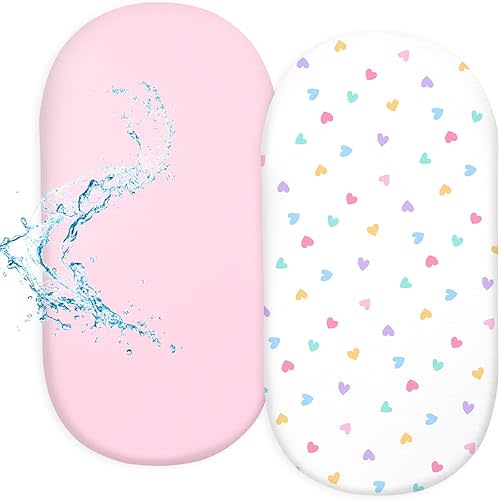 FIOBEE Baby Bassinet Sheets for Girls Boys 2 Pack Waterproof Bassinet Mattress Elastic Fitted Crib Sheets Universal Fit for Hourglass Oval and Rectangle Bassinet Sheet, White & Pink