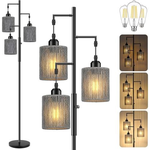 Hotsonic 72" Boho Rattan Wicker Floor Lamp, Tall Dimmable Industrial Tree Standing Lamp, Corner Decor Accent Lighting for Living Room, Bedroom, Dining Room, Nursery (3 x 800LM Bulbs Included) - Black