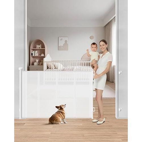 Retractable Baby Gate, 55" Wide Mesh Gate with 4 Reinforced Rods, Prevents Kids & Dogs from Crawling Under, 34" Tall Easy-to-Use Pet Gate for Stairs, Bedrooms, Hallways, Indoor/Outdoor, White
