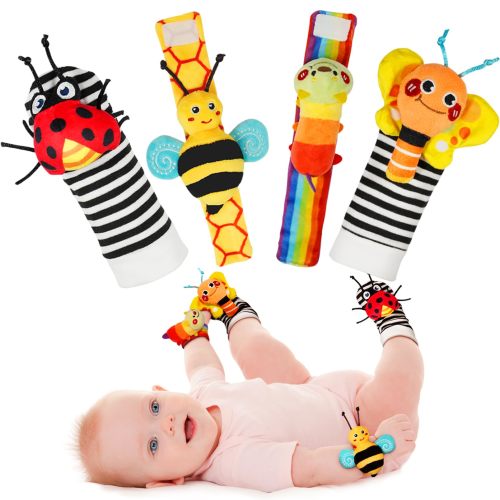 Infinno Baby Wrist Rattle Socks & Foot Finder Set, Cotton, Multicolored, One Size, Bug Series, Ideal for Newborns 0-12 Months