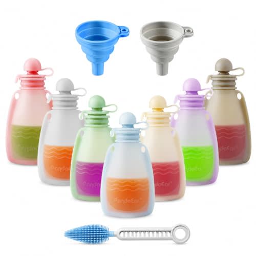 PandaEar 7 Pack Silicone Baby Food Pouches, Reusable Squeeze Pouches | BPA Free Silicone Pouches With Cleaning Brush for Toddler Kids, Refillable Food Storage, 5oz, Freezer & Dishwasher Safe