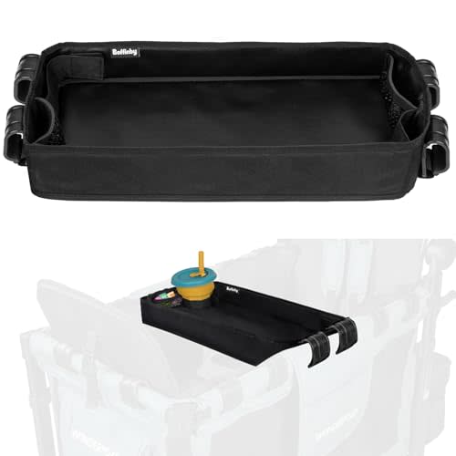Boffinby Double Sided Stroller Tray Fits for Wonderfold Wagon- Kids Snacks & Activities - Faux Leather Sides for Eating - Cup Holders & Mesh Pockets, Play On the Go, 15" L x 7.5" W x 3" H (W2 Series)