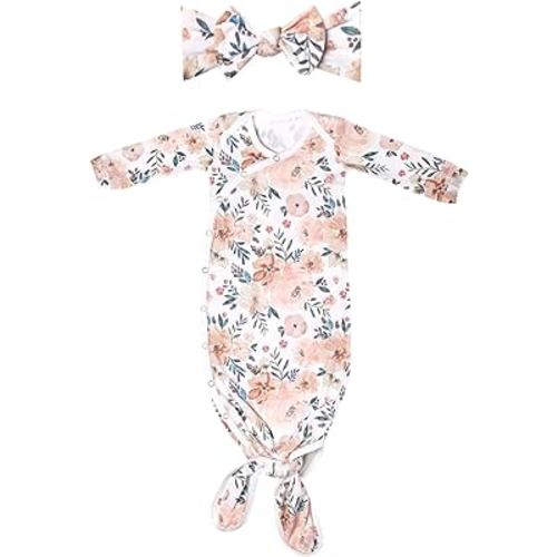 Copper Pearl Newborn Knotted Gown and Baby Stretchy Soft Knit Headband Bow Bundle | Autumn