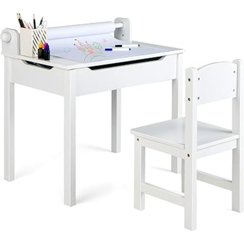 Costzon Kids Table and Chair Set, Flip Top Kids Art Craft Table w/Chair for Playroom Kindergarten, Toddler Drawing Writing Desk Set w/Paper Roll & 2 Markers, Gift for Boys Girls Ages 3+ (White)