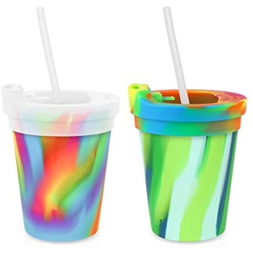Silipint Silicone Kids’ Cups with Lids and Straws, Unbreakable, Durable, Safe, and Fun Silicone Kids’ Tumblers, Hippy Hop & Sea Swirl, Pack of 2