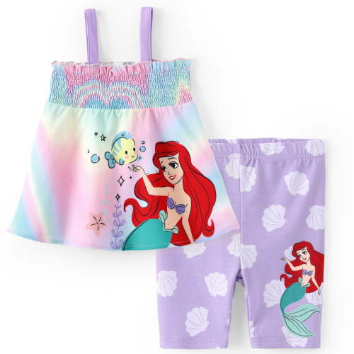Disney Princess Girls 2 Pcs Ariel Graphic Sleeveless Tee with Leggings Bike Shorts Summer Outfits Sets Toddler Kids 3-4T