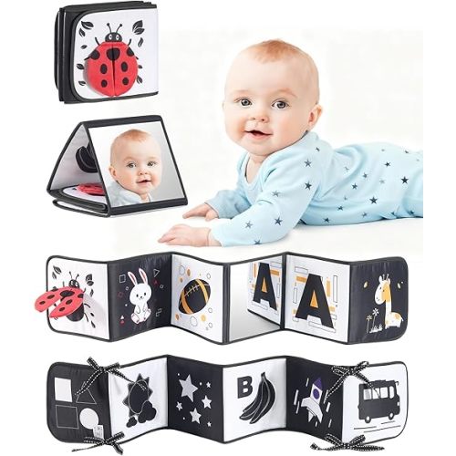High Contrast Black and White Baby Toys for Newborn 0-6 Months – Contrast Cards & Sensory Baby Book with Mirror – Tummy Time Infant Toys for Visual Stimulation, Early Learning & Brain Development