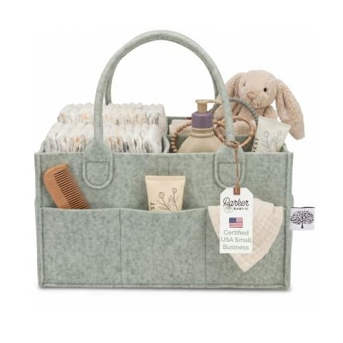 Parker Baby Felt Diaper Caddy & Diaper Organizer Basket - Regular, Sage | Bedside diaper caddy and car diaper caddy organizer with dividers; portable baby organizer basket for changing essentials.