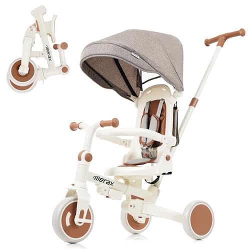 Merax 7-in-1 Foldable Toddler Tricycle Removable Pedal, Canopy and Guardrail Adjustable Push Handle
