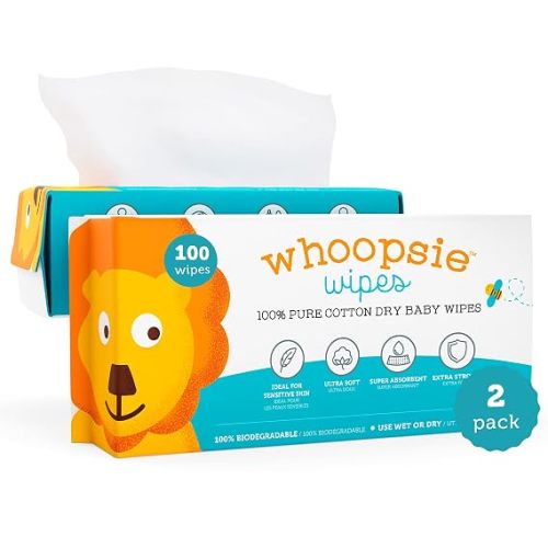 Whoopsie Wipes – The Original 100% Pure Cotton Dry Baby Wipes – Ultra Soft, Unscented, Chemical-Free Wipes for Sensitive Skin – Use Dry or Add Water for Wet Wipes – 2 Packs (200 Count).